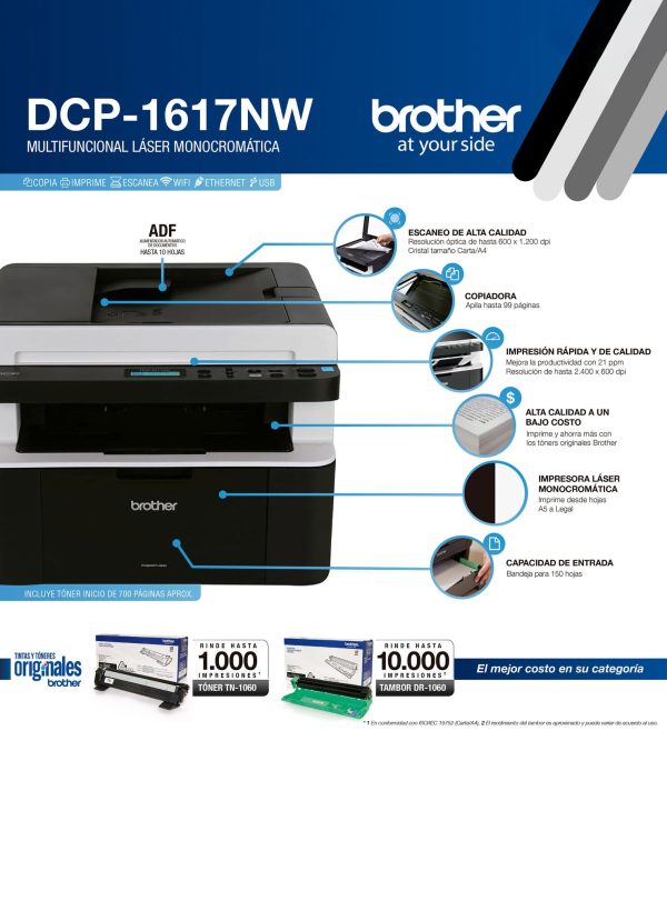 Impresora Multifuncional Láser Brother DCP-1617NW Monocromática WiFi / Ethernet / ADF / Toner TN1060 - Imagen 7