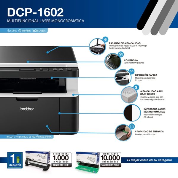 Multifuncional Brother DCP-1602 Laser B/N DCP1602 DCP 1602 TN-1060 TN1060 - Imagen 4