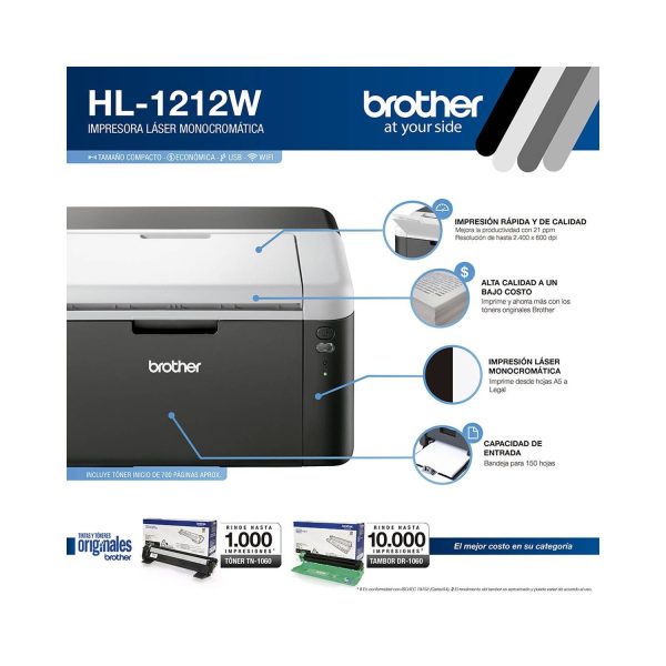 Impresora Brother Láser HL-1212W WiFi Blanco-Negro / Toner TN-1060 - Imagen 3