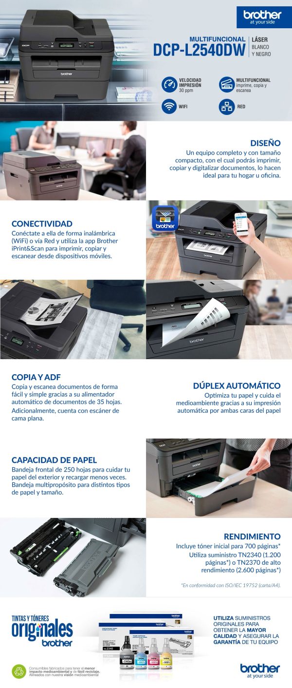 Impresora Brother DCP-L2540DW Multifuncional / Monocromática / Laser / Dúplex / Wi-Fi / Ethernet / Adf - Imagen 2